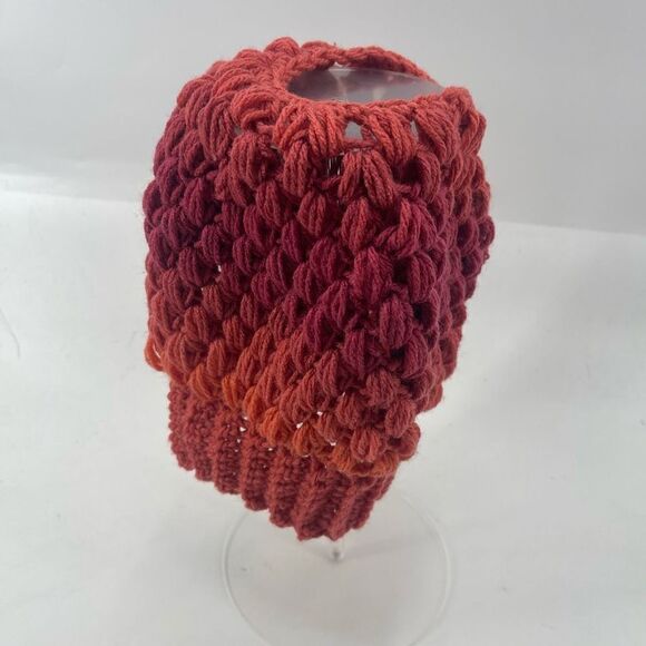Handmade Napper bun beanie ponytail stocking cap one size NEW orange red - Picture 10 of 10
